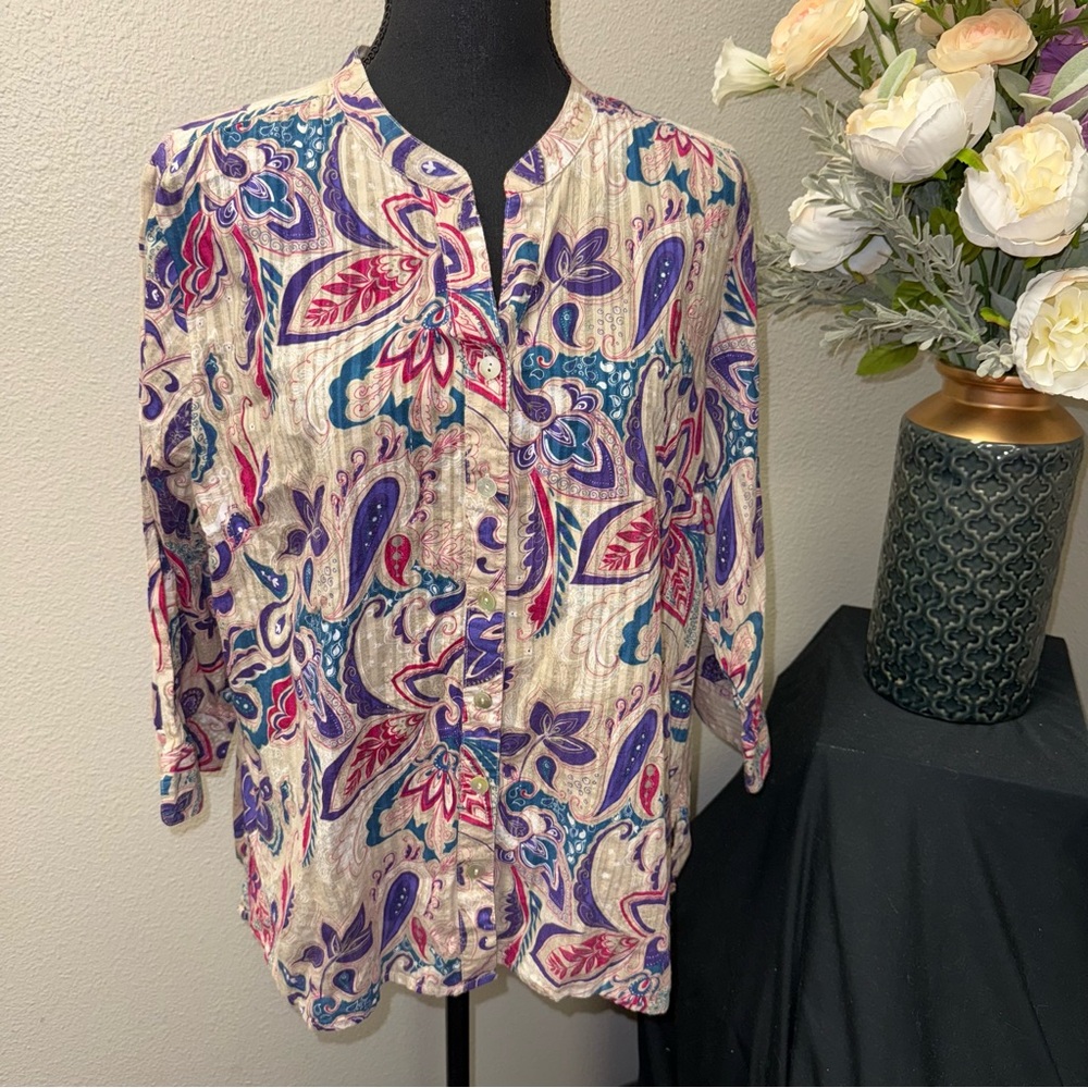 Chico’s Paisley Button Front Tunic Blouse 3 Purple Teal Boho Lightweight